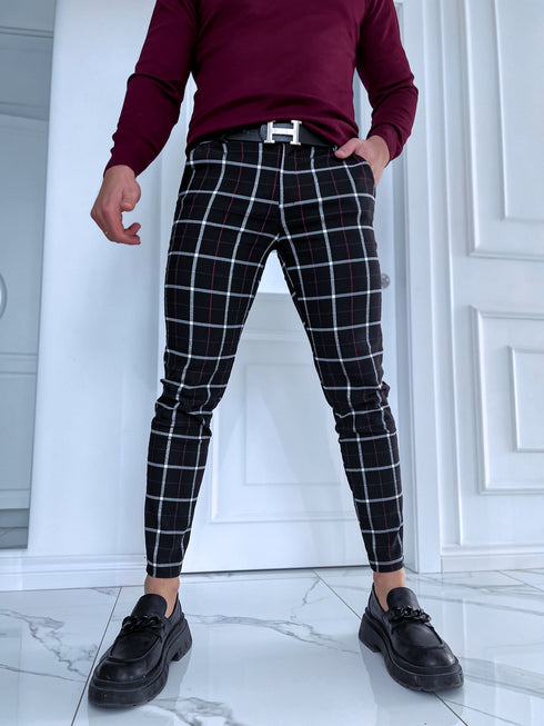 Checked men's trousers - black with red 65-2